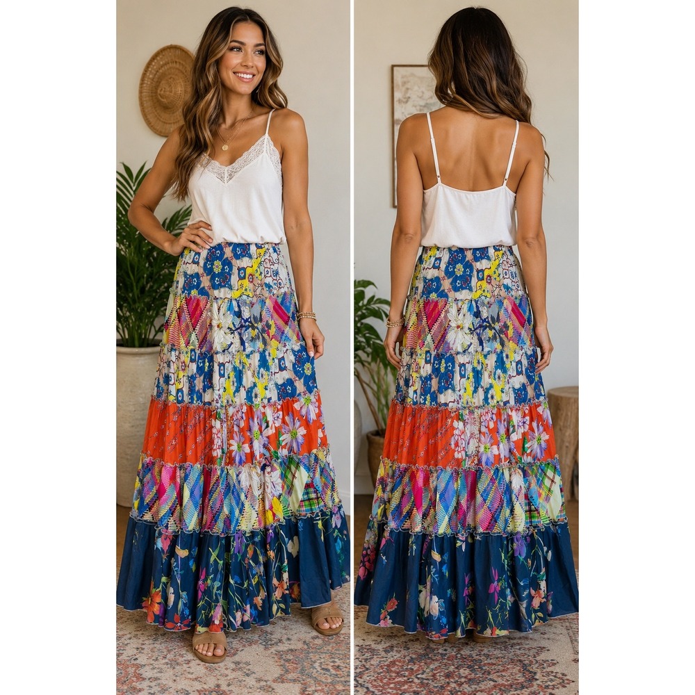 Johnny Was‎ Maxi Skirt Patchwork Floral Plaid Ruffle Boho Multicolor Small